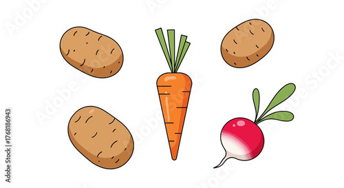 Freshly Picked Garden Vegetables: A Colorful Carrot, Radish, and Potatoes for Healthy Eating, Cooking Concepts, and Vibrant Farm Fresh Produce Designs