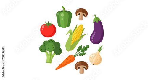 Fresh, Vibrant Vegetables Arranged for a Healthy Lifestyle Concept, Featuring Tomato, Broccoli, Carrot, Corn, Eggplant, Onion, Mushroom, and Bell Pepper