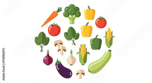 Fresh vegetables arranged in a vibrant, colorful circle pattern for healthy eating promotion or vegetarian food blog design, vector style illustration