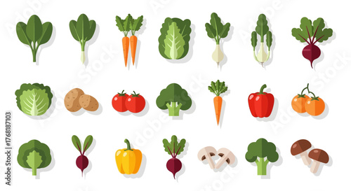 Farm-Fresh Flat Design Veggies for Healthy Recipes and Sustainable Eating, Perfect for Nutrition Guides, Food Blogs, and Restaurant Menus, Vector Origins