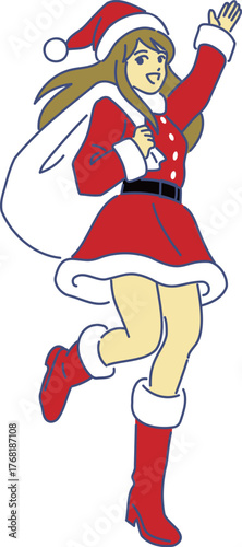プレゼントの袋を担いだ女性サンタ　 eps