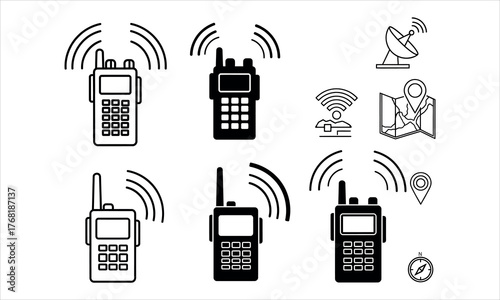 Simple monochrome walkie talkie icon collection isolated on white background