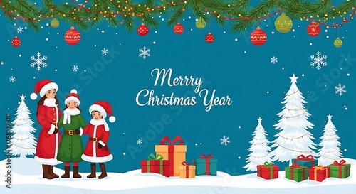 Three children in Santa outfits stand in a snowy landscape with Christmas trees and gifts.