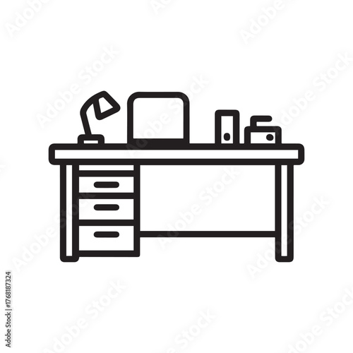 Simple Line Art Office Desk With Lamp And Drawers