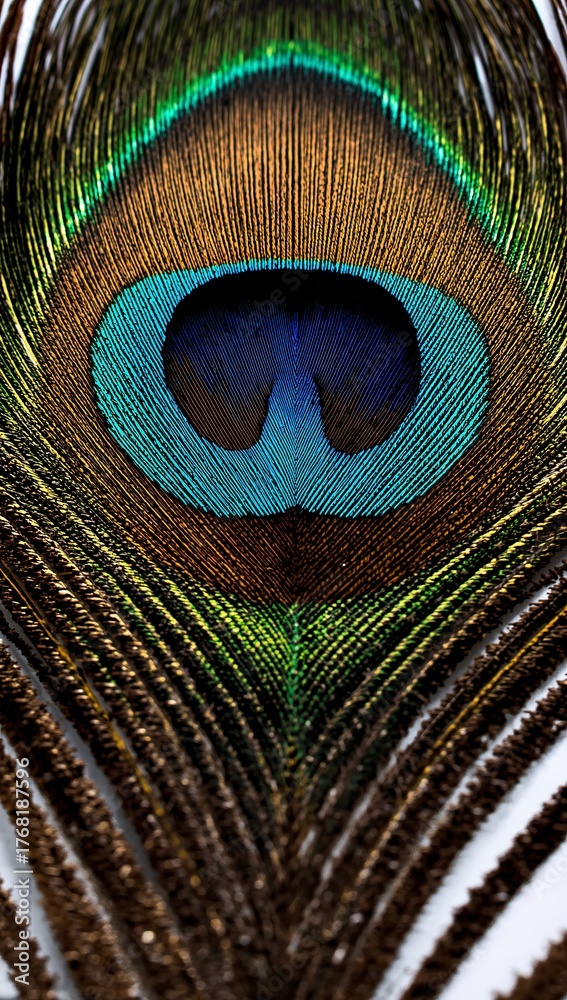Obraz premium Detailed macro of a vibrant peacock feather showcasing its iridescent colors and intricate patterns a symbol of beauty and elegance