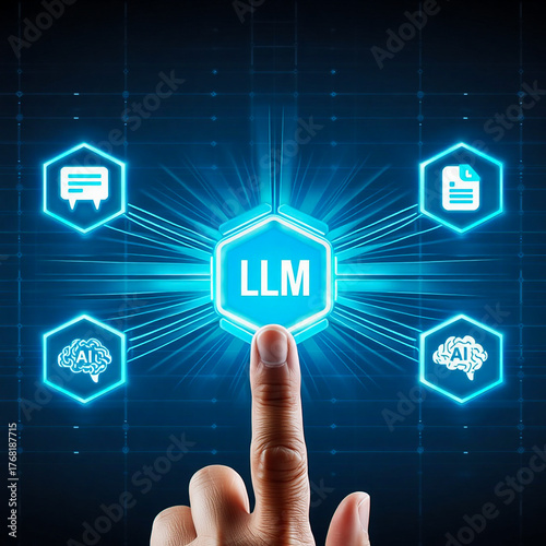 Human finger interacts with glowing llm hexagon and technology icons