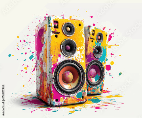 Colorful speaker with pain splatter art, set agains a white background