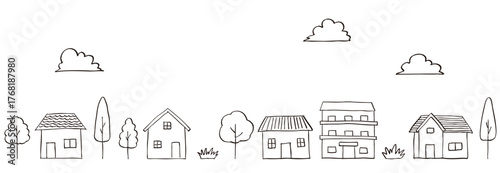 手描き風・住宅街の街並み線画イラスト