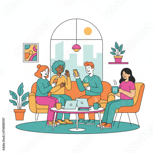 The image is a flat-style, vector illustration depicting a group of four young, diverse people relaxing in a bright, modern indoor setting, likely a home or co-working lounge. The style uses thick bla