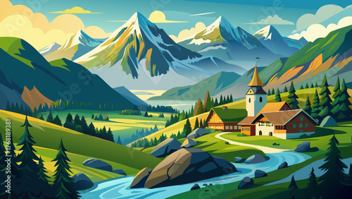 Very beautiful, Hintertux, Tyrol, Austria, alpine landscape in the Ziller Valley (Zillertal), featuring majestic snow-capped peaks, green meadows, mountain chalets, and breathtaking panoramic scenery 