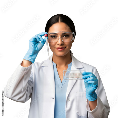 Smiling female scientist in lab coat, safety glasses holding a medical slide. Professional Indian researcher with a test sample, isolated on transparent background, png