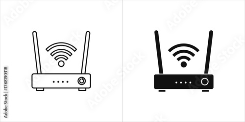 Black and white outline and filled icons of a wireless router with wifi signal