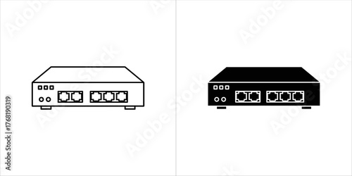 Two icons of the back of a router with ethernet ports, one line art and one solid silhouette