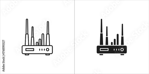 Two icons of a router with antennas, one line art and one solid silhouette