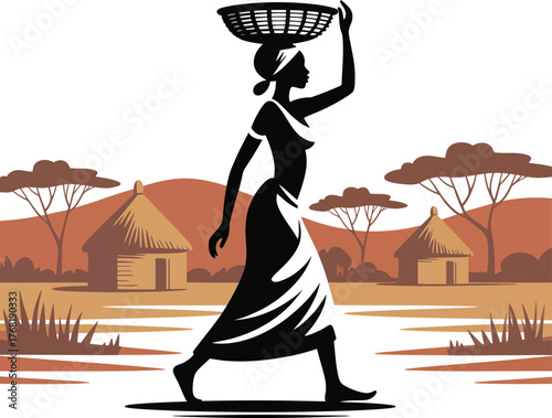 Woman carrying basket silhouette head