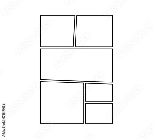 Comic book panel. Manga collage blank template. Storyboard layout panel. Empty page line frame for photo collage. Comic book board mockup. Vector illustration isolated on white background.