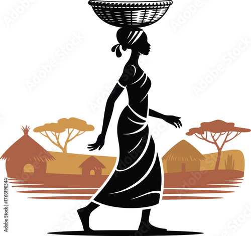 African woman carrying basket silhouette vector