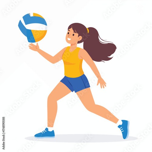 A smiling woman in sportswear is playing volleyball, bumping the ball with her hands.