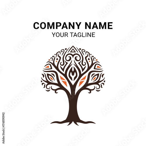 A stylized, ornate tree logo with intricate patterns and a dark brown trunk, set against a white background.