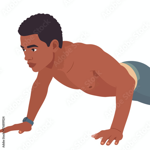 A young, shirtless man with dark skin is doing push-ups on a white surface.