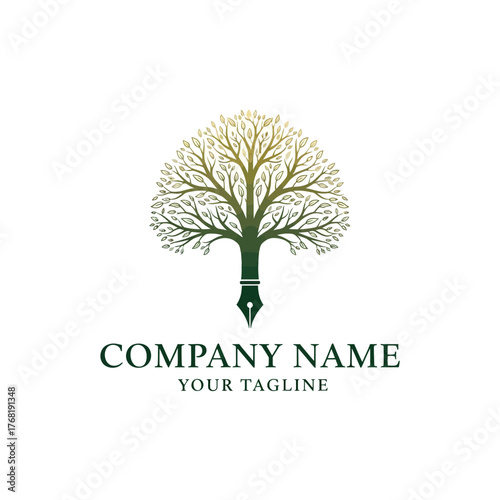 A creative logo featuring a tree with its trunk shaped as a fountain pen nib, symbolizing knowledge, growth, and the art of writing, with placeholder text "COMPANY NAME" and "YOUR TAGLINE" below.
