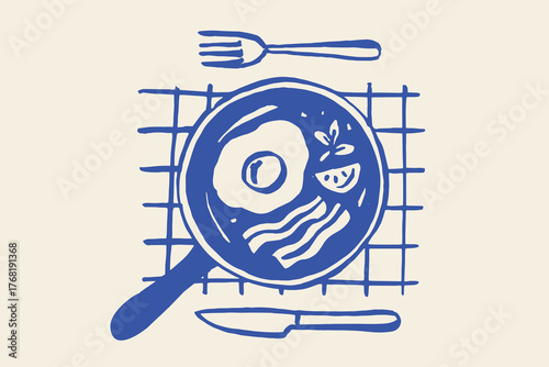  breakfast pan eggs bacon sketch blue brush line vector illustration