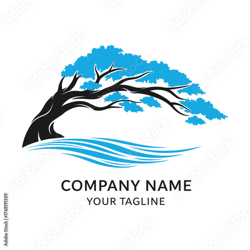 Stylized logo featuring a dark tree with vibrant blue leaves bending over a wavy blue water element, with placeholder text for company name and tagline.