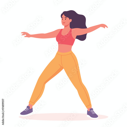 A woman in activewear performs a stretching exercise with arms outstretched and legs apart.