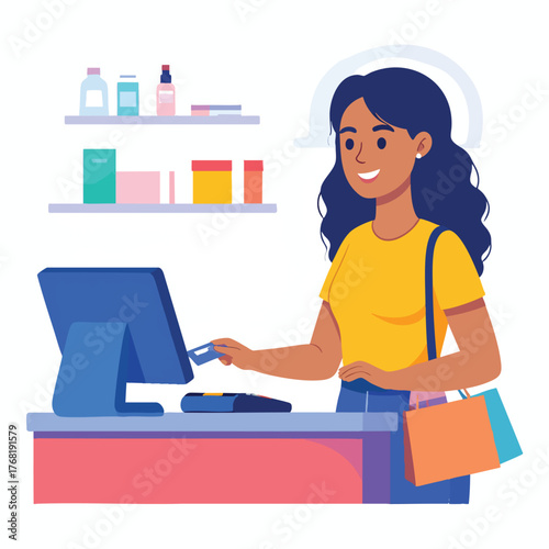 A woman at a checkout paying with a credit card, with shelves of products in the background.