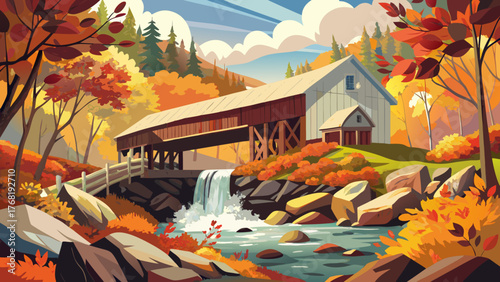 Very beautiful, Kent Falls Covered Bridge at Kent Falls State Park, Kent, Connecticut, USA, surrounded by autumn foliage, cascading waterfalls, and tranquil natural scenery in a picturesque New Englan
