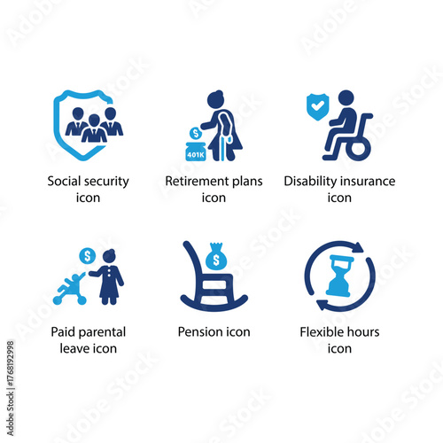 Social security, Retirement plans, Disability insurance, Paid parental, Pension, Flexible hours, icon