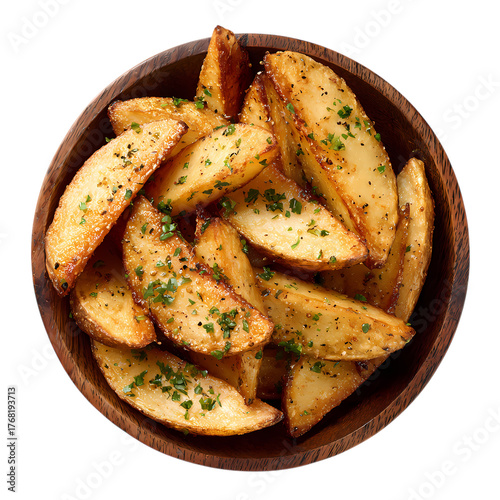 Crispy potato wedges in wooden bowl top view isolated on transparent background