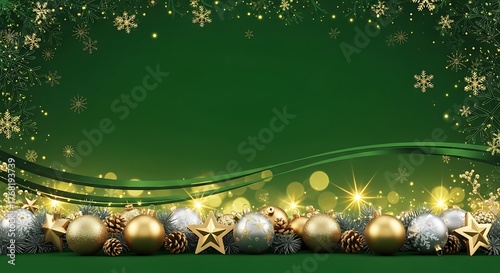 A festive green background with golden Christmas ornaments and snowflakes adorns the scene.