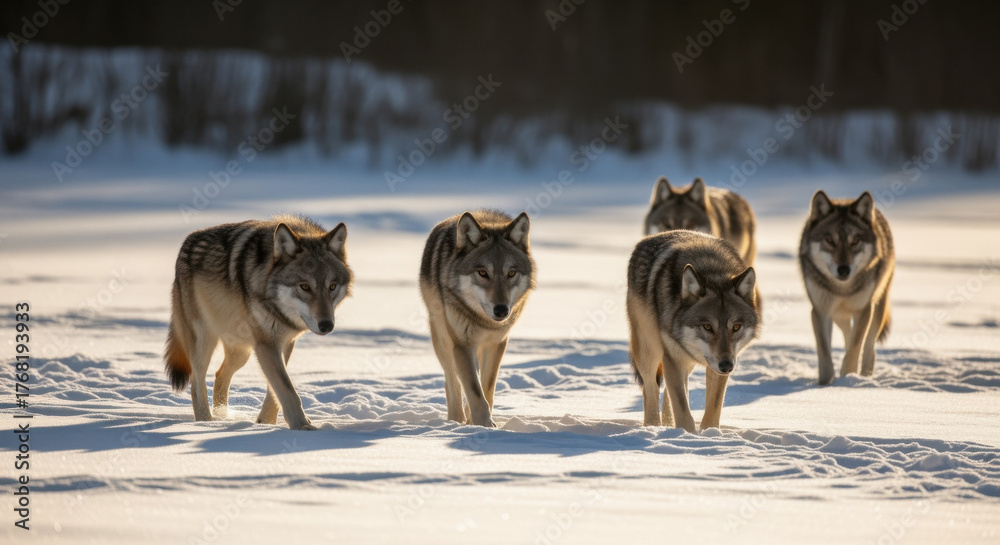 Naklejka premium A pack of gray wolves walking across a snowy, sunlit landscape.