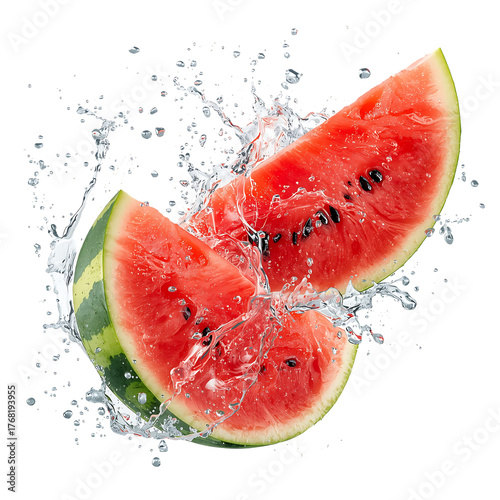 Fresh watermelon slices with water splash refreshing summer fruit on black background on transparent background