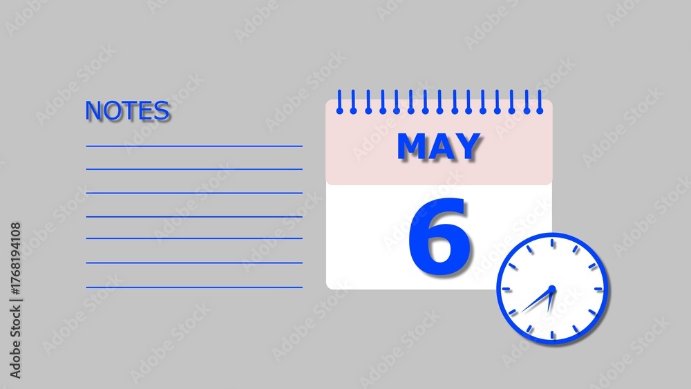 Fototapeta premium May 6 Calendar royal blue color 4k illustration, with Free for Notes and Writing element. Light gray background 4k illustration.