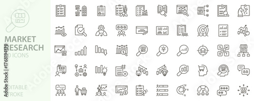 Market research icon set. Analytics, data, audience, strategy, insights, trends, growth icons. Thin line editable stroke vector illustrations