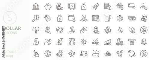 Dollar currency sign icon set. Finance, money, payment, banking, investment, price, bank, earning icons. Thin line editable stroke vector illustrations