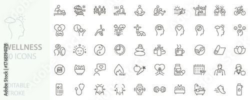 Wellness icon set. Health, self-care, mindfulness, mental health, healthcare, spa, wellbeing, yoga, meditation, healthy lifestyle, fitness icons. Thin line editable stroke vector illustrations.