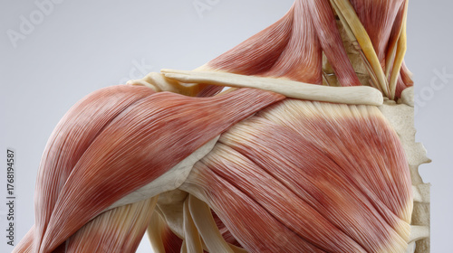 Shoulder Muscles, A minimalist detailed cross-section of the shoulder, showing the deltoid and rotator cuff muscles, Neutral background, professional medical book illustration style. 