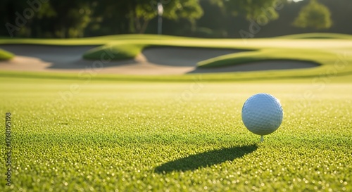 A pristine white golf ball rests on a lush green golf course