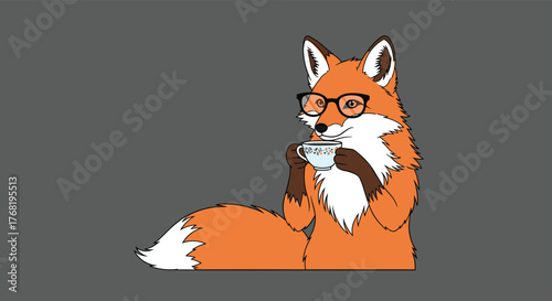 An intelligent fox wearing glasses enjoys a warm cup of tea on a lazy afternoon.