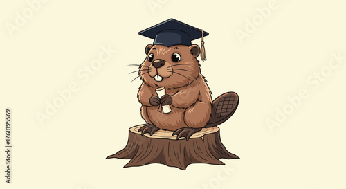 A wise beaver celebrates earning a diploma on a tree stump.