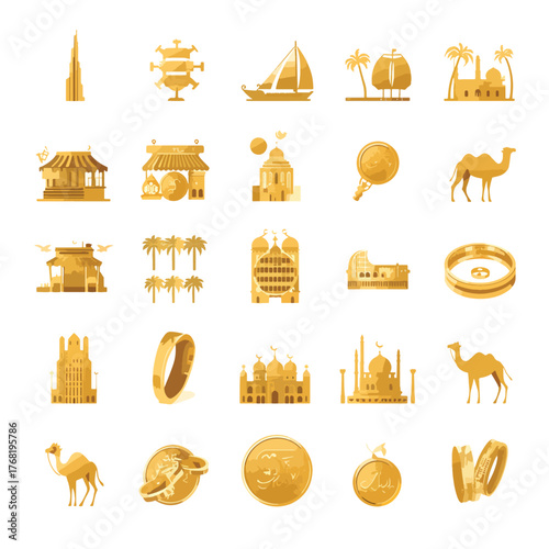 vector icon set featuring golden symbols of Dubai’s culture and architecture