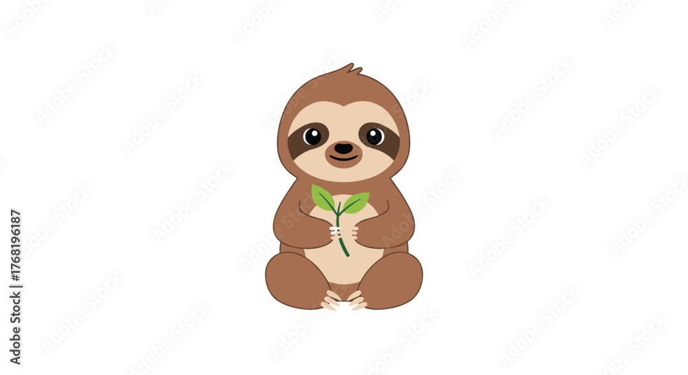 Naklejka premium A cute cartoon baby sloth holding a green leaf with its tiny paws and looking forward with a gentle smile.