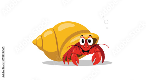 A cute cartoon hermit crab in a bright yellow shell on a white background.
