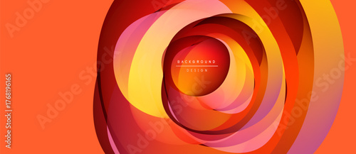 Abstract orange layers create swirling vortex. Warm tones dominate design, suggesting energy, movement, depth. Minimal text present.
