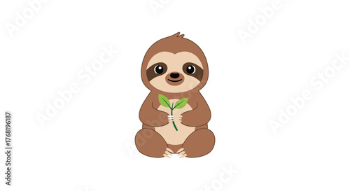 A cute cartoon baby sloth holding a green leaf with its tiny paws and looking forward with a gentle smile.