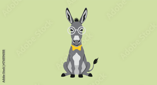 A cartoon donkey wearing glasses and a bow tie sits patiently against a pastel green background.