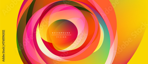 Abstract vibrant circular design. Concentric layers create dynamic visual effect. Yellow background enhances colorful elements. Modern aesthetic.